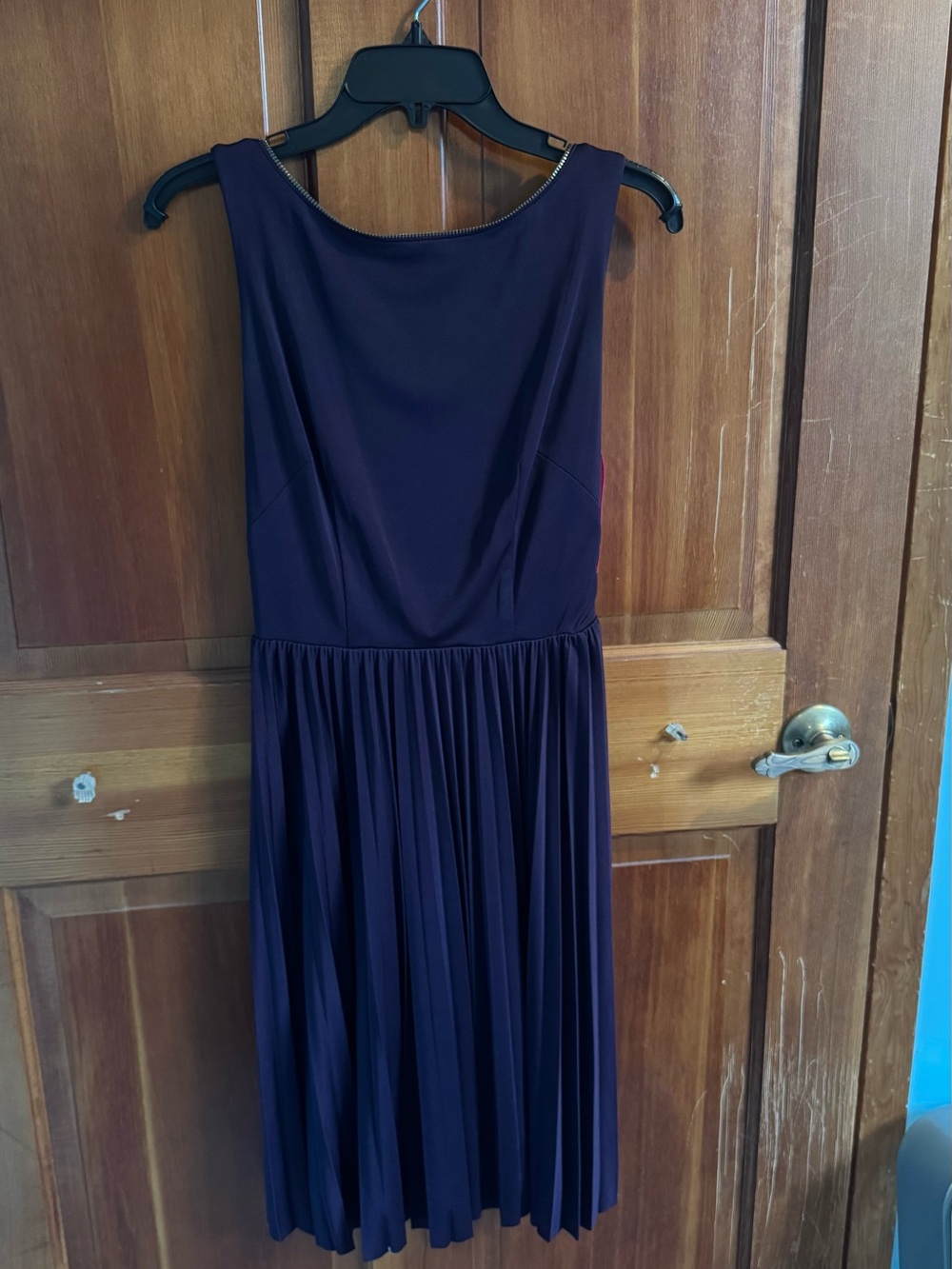 Betsey Johnson Purple Sleeveless Pleated Midi Dress with Diagonal Zip in back